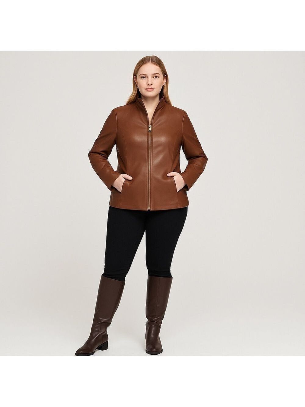 Cole Haan designer brown Vegan leather zip up jacket women Large quilted lining